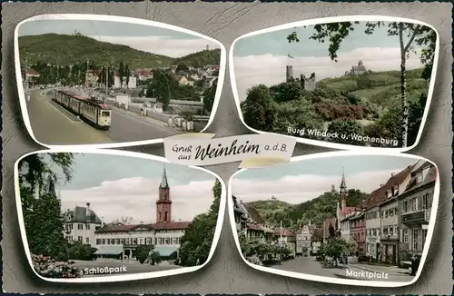 Weinheim (Bergstraße) MB: Schloßpark, Markt, Straße Straßenbahn 1962