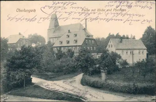Ansichtskarte Oberlungwitz Partie an Kirche und Pfarrhaus 1914