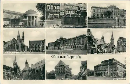 Ansichtskarte Braunschweig Bahnhof Westseite, Schloß uvm 1955