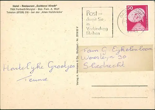 Ansichtskarte Forbach (Baden) Hotel - Restaurant Goldener Hirsch 1970