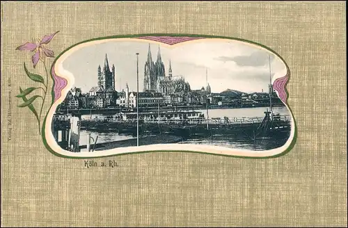 Köln Behelfsbrücke, Dom Jugendstil Goldrahmung 1904 Passepartout
