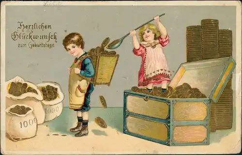 Goldpräge AK Kinder füllen Goldstücke Geburtstag 1909 Goldrand