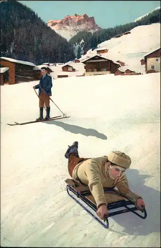 Ansichtskarte  Wintersport: Schlitten/Rodeln Junge Stimmungsbild 1911