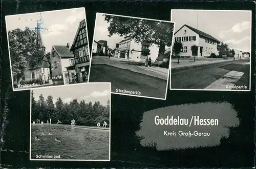 Ansichtskarte Goddelau-Riedstadt Straße, Schule, Schwimmbad 1968