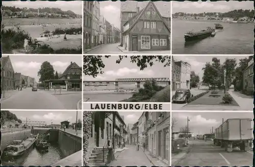 Ansichtskarte Lauenburg (Elbe) Hafen, Strand, Tankstelle, Straßen 1963