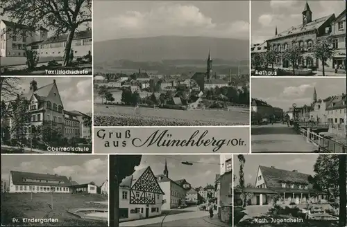 Ansichtskarte Münchberg Textilfachschule, Rathaus, Stadt 1961