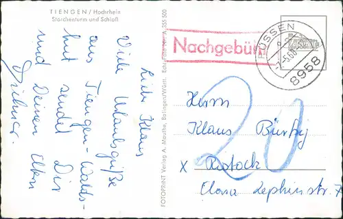 Ansichtskarte Tiengen Stadtpartie gel. Nachgebühr 1968