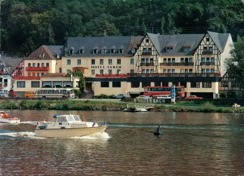 Ansichtskarte Brodenbach Mosel Schiffe, Bus, Busse am Hotel Anker 1986