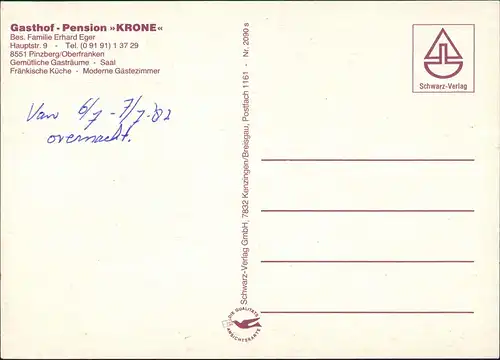 Pinzberg Gasthof Pension KRONE Bes. Fam. Erhard Eger, Oberfranken Region 1970