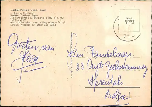 Burgheim-Lahr (Schwarzwald) Gasthof-Pension Grüner Baum Eigene Metzgerei 1960