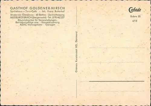 Burgebrach GASTHOF GOLDENER HIRSCH Speisehaus Tanz-Café  Franz Butterhof 1967