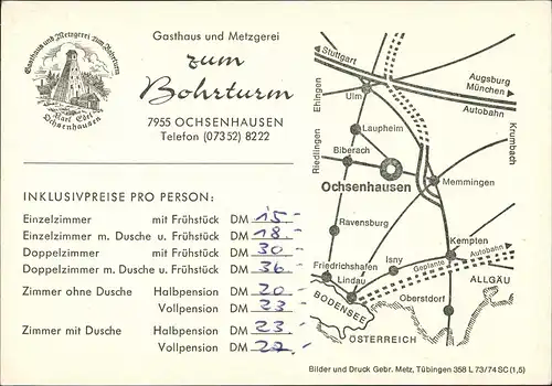 Ochsenhausen Werbung Reklame-Karte Gasthaus Metzgerei Zum Bohrturm 1970
