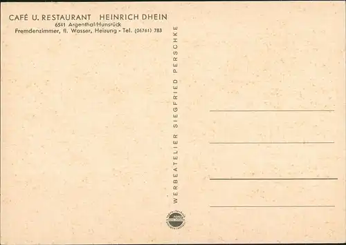 Ansichtskarte Argenthal CAFÉ RESTAURANT HEINRICH DHEIN im Hunsrück 1965