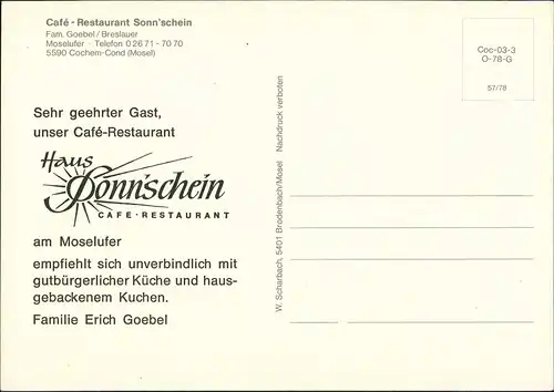 Cochem Kochem Café Restaurant Sonn'schein Fam. Goebel / Breslauer, Am Moselufer 1978