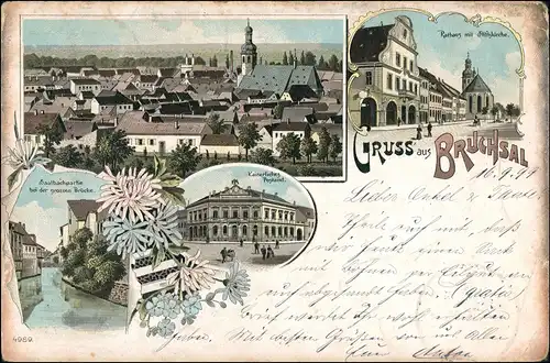 Litho AK Bruchsal Gruss aus.. Postamt, Saalbachpartie, Stadt 1899