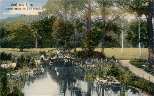 Ansichtskarte Zittau Weinaupark, Brücke und Goldfischteich 1910