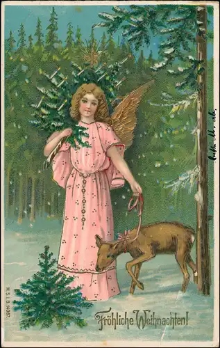 Ansichtskarte  Weihnachten Engel Goldprägekarte Reh 1906 Goldrand