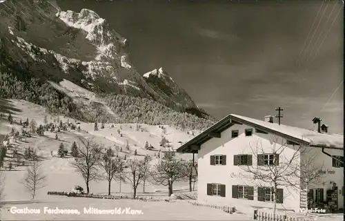 Ansichtskarte Mittenwald Gasthaus Ferchensee Karwendel Berge Panorama 1964