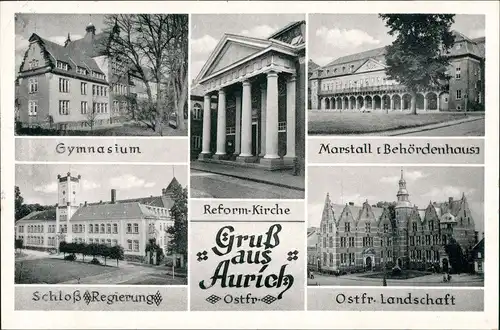 Aurich-Leer (Ostfriesland) Mehrbild-AK Gymnasium, Marstall Behörde, Kirche 1959