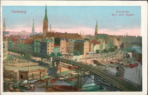 Ansichtskarte Hamburg Hochbahn über dem Hafen 1914