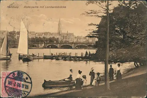 Ansichtskarte Hamburg Lombardsbrücke, Segelboote - Anleger 1910
