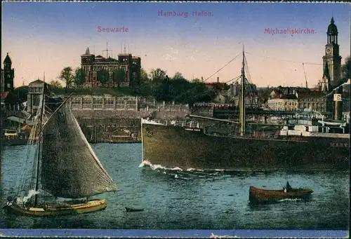Ansichtskarte Hamburg Dampfer, Seewarte, Hafen, Michaeliskirche 1914