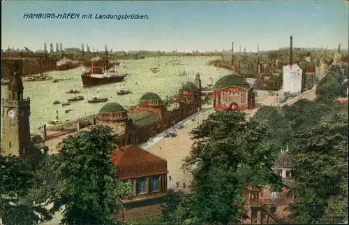 Ansichtskarte St. Pauli-Hamburg Landungsbrücken, Hafen - Stadt 1914