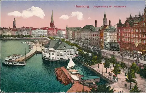 Ansichtskarte Hamburg Jungfernstieg Alsterdamm - Segelboot Anleger 1914