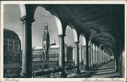 Ansichtskarte Hamburg Alsterarkaden, Rathaus 1936