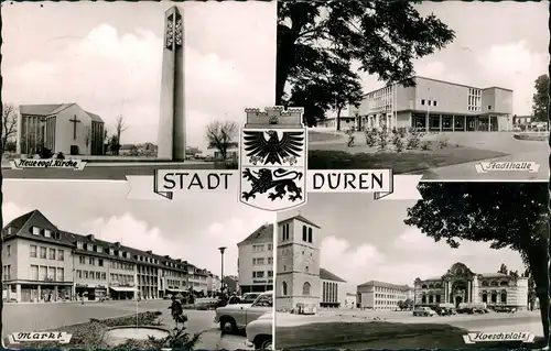 Düren 4 Foto-Ansichten Kirche, Stadthalle, Markt, Koeschplatz 1960