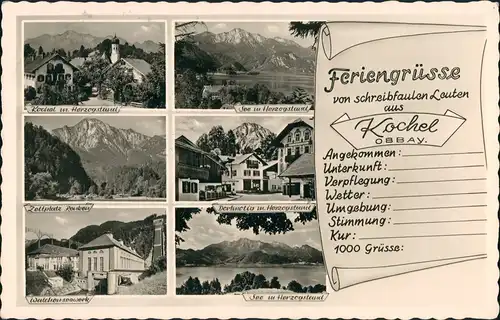 Kochel am See Gruss-AK von schreibfaulen Leuten, 6 Foto-Ansichten 1955
