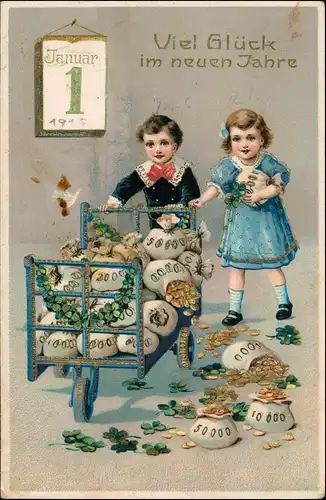 Neujahr/Sylvester Goldprägekarte Kinder Goldsäcke 1913 Goldrand