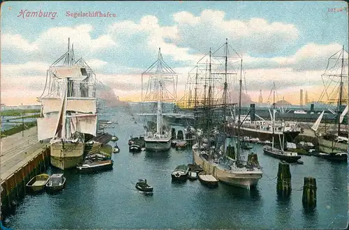 Ansichtskarte Hamburg Segelschiffhafen - Stadt im hintergrund 1910