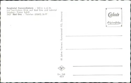 Ansichtskarte Bad Ems Berghotel Concordiaturm - 265 m ü. d. M. 1962