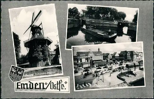 Ansichtskarte Emden Frouw Johanna Mühle, Kesselschleuse, Rathausplatz 1961