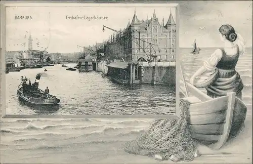 Ansichtskarte Hamburg Frau am Strand - Lagehäuser Freihafen 1908