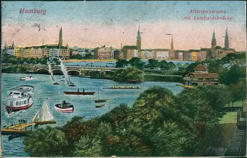 Ansichtskarte Hamburg Lombardsbrücke - Künstlerkarte Schiffe 1914