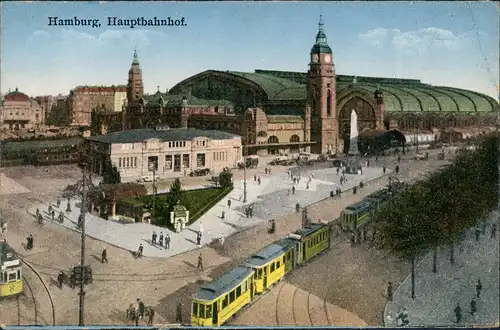 Ansichtskarte Hamburg Hauptbahnhof - belebt - Straßenbahn 1916