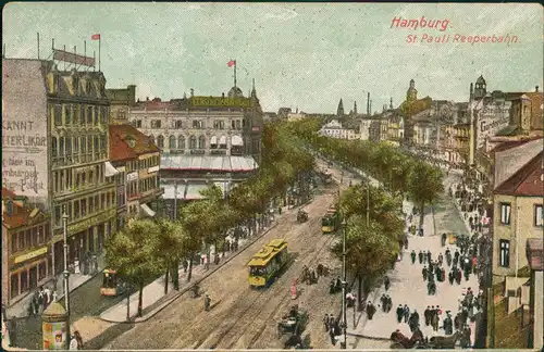 Ansichtskarte St. Pauli-Hamburg Reeperbahn, Straßenbahn belebt 1908