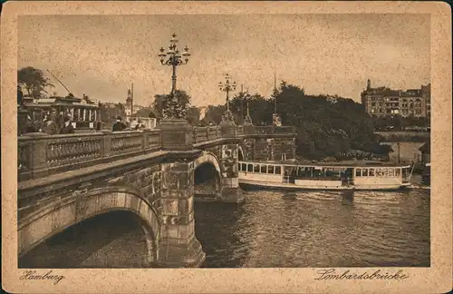 Ansichtskarte Hamburg Lombardsbrücke durchfahrt der Fähre Straba 1923