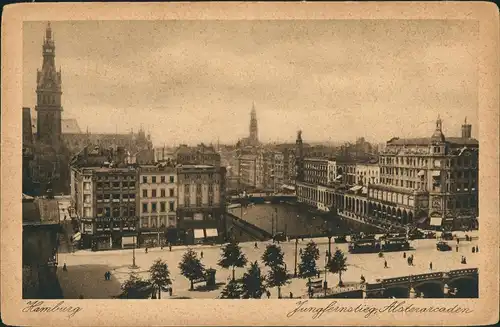 Ansichtskarte Hamburg Alsterarkaden - Blick über die Stadt 1928