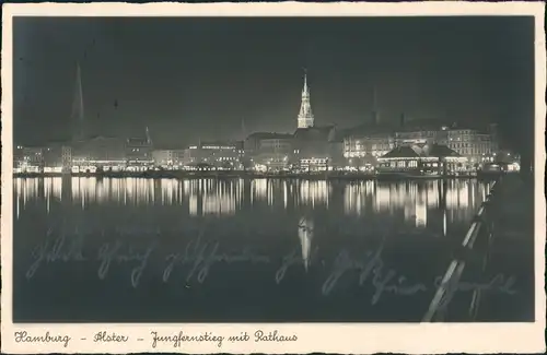 Ansichtskarte Hamburg Jungfernstieg bei Nacht - 1937