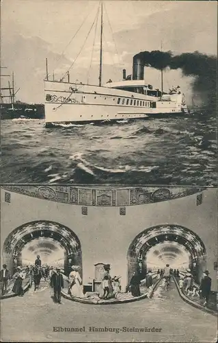 Ansichtskarte St. Pauli-Hamburg Elbtunnel belebt und Schaufelraddampfer 1928