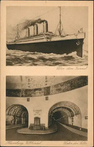 Ansichtskarte St. Pauli-Hamburg Elbtunnel, Überseedampfer 1924