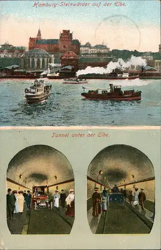Ansichtskarte St. Pauli-Hamburg Elbtunnel Seeseite, Innen - Autos 1912