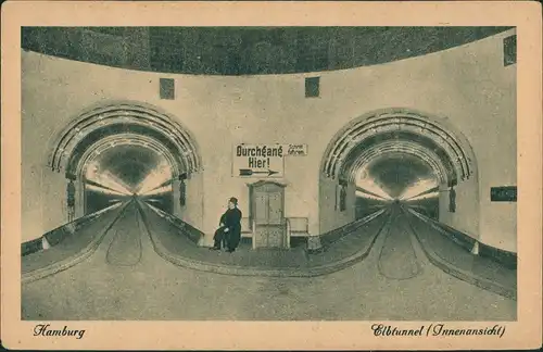 Ansichtskarte St. Pauli-Hamburg Elbtunnel Innen Mann sitzt auf Bank 1928