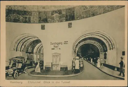 Ansichtskarte St. Pauli-Hamburg Elbtunnel, Auto - belebt 1924