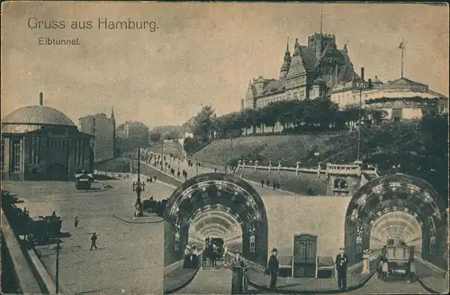 Ansichtskarte St. Pauli-Hamburg Elbtunnel Navigationsschule Fotomontage 1922