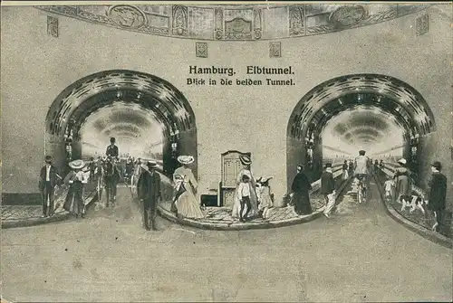 Ansichtskarte St. Pauli-Hamburg Elbtunnel: belebt - Künstlerkarte 1911