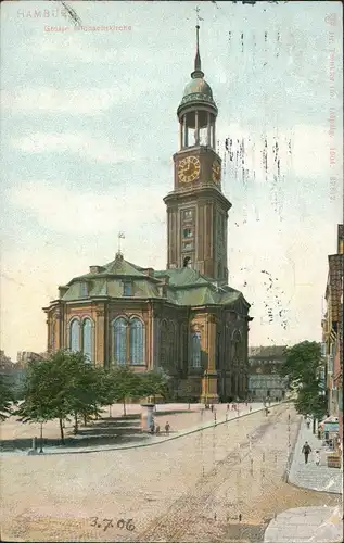 Ansichtskarte Neustadt-Hamburg Michaeliskirche, Straße, Geschäfte 1906